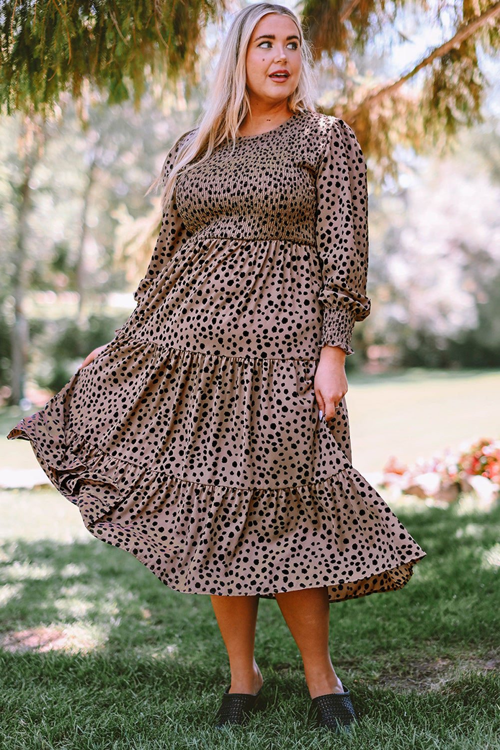 Plus Size Leopard Print Smocked Tiered Dress