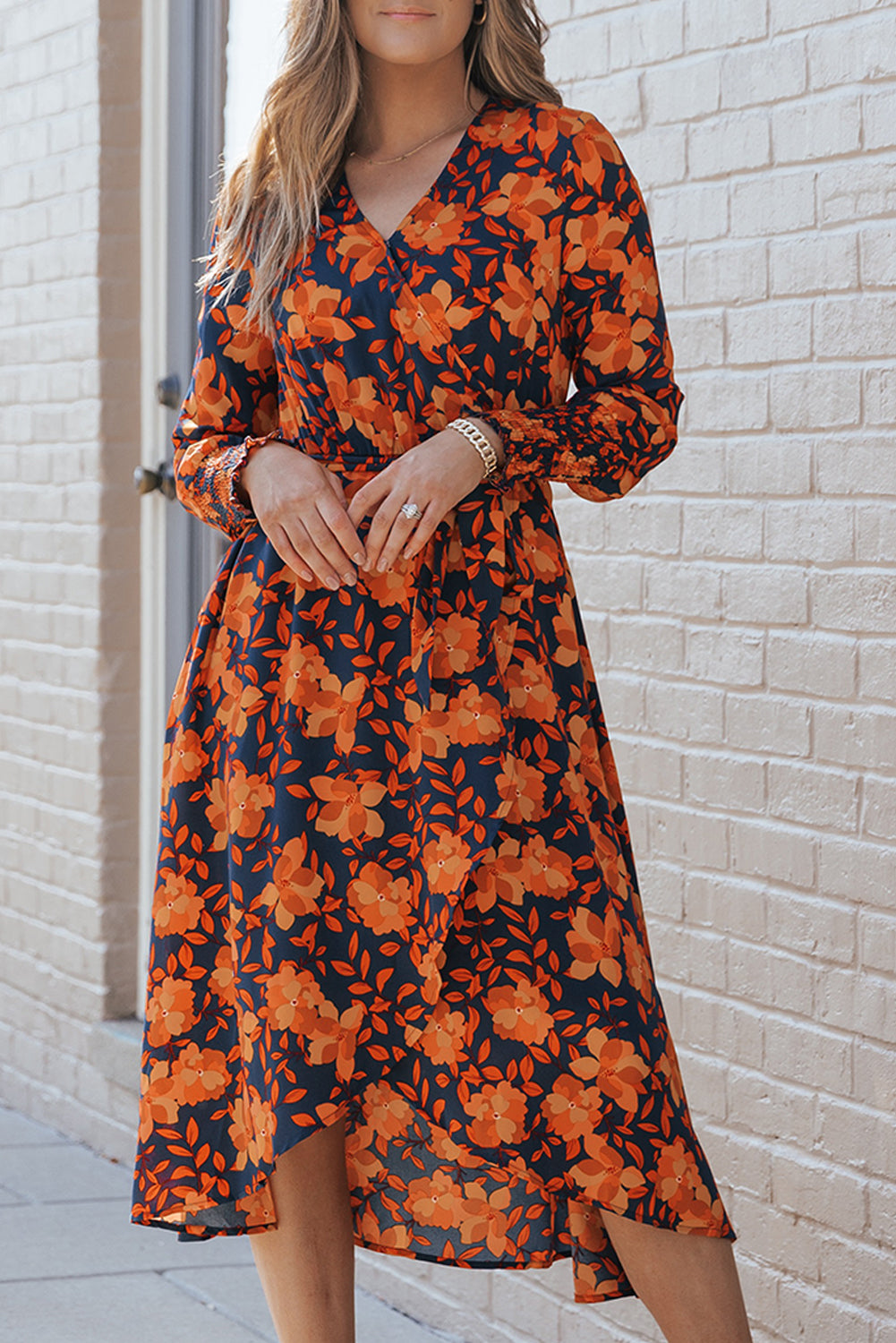 Floral Print Faux Wrap Belted Dress