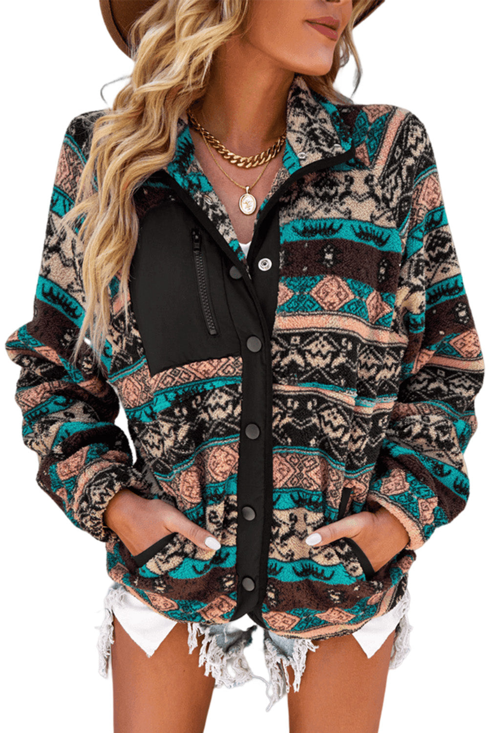 Western Colorblock Snap Buttoned Sherpa Jacket