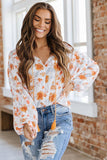 Tassel Tie V Neck Bubble Sleeve Floral Blouse