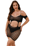 Plus Size Cutout Striped Knit Cold Shoulder Chemise