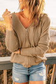 Zipper V-neck Dropped Sleeve Hooded Solid Sweater