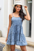 Sky Adjustable Straps Tiered Ruffle Denim Dress