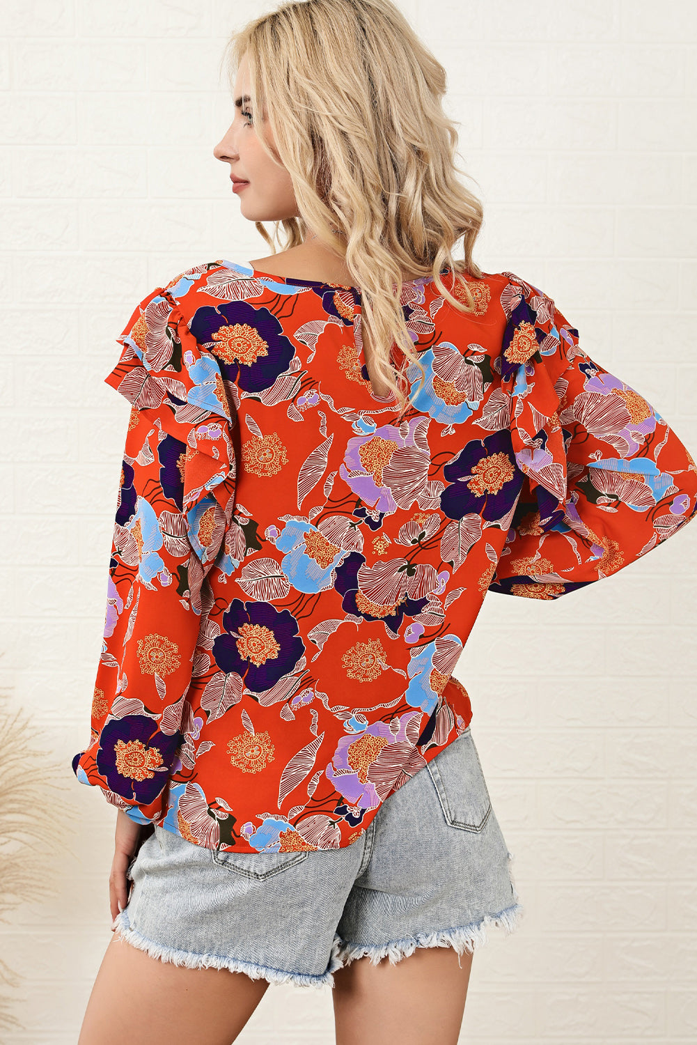 Red Floral Print Ruffle Puff Sleeve Blouse