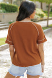 Brown Textured Round Neck Long Sleeve Top