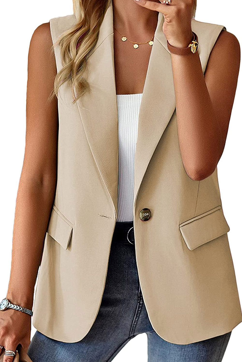 Single Button Pocketed Lapel Vest Blazer