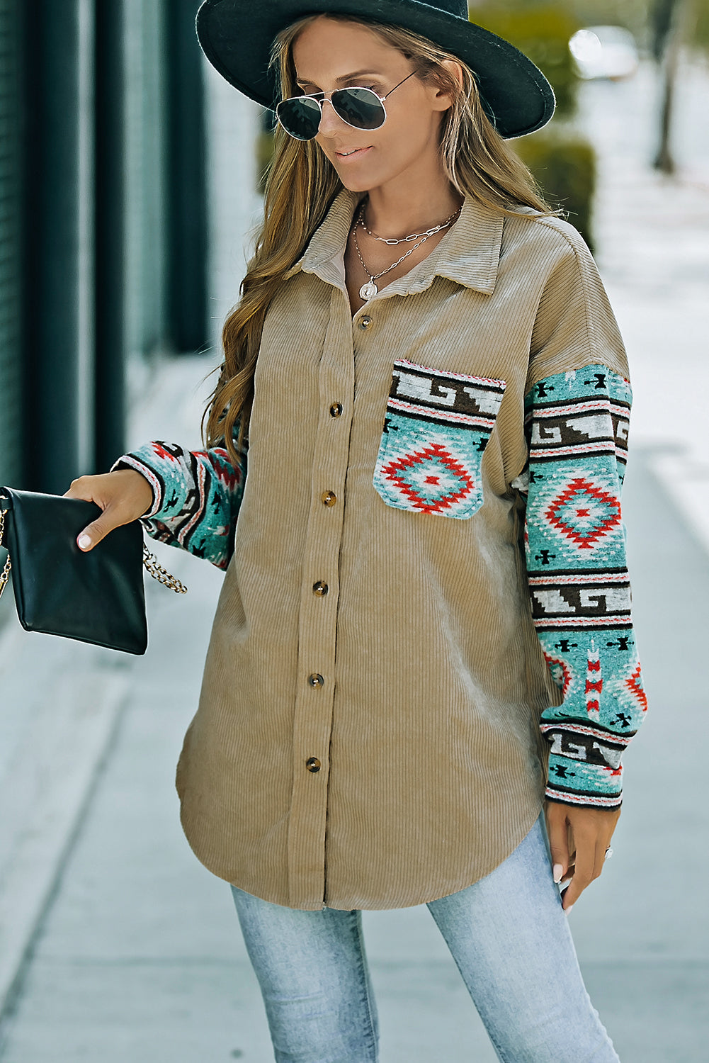 Aztec Pattern Sleeve Pocketed Corduroy Shacket