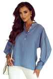 Solid Textured Buttoned Front Bubble Sleeve Blouse