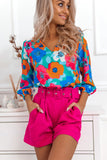 Rose Multicolor Floral Print V Neck 3/4 Sleeve Blouse