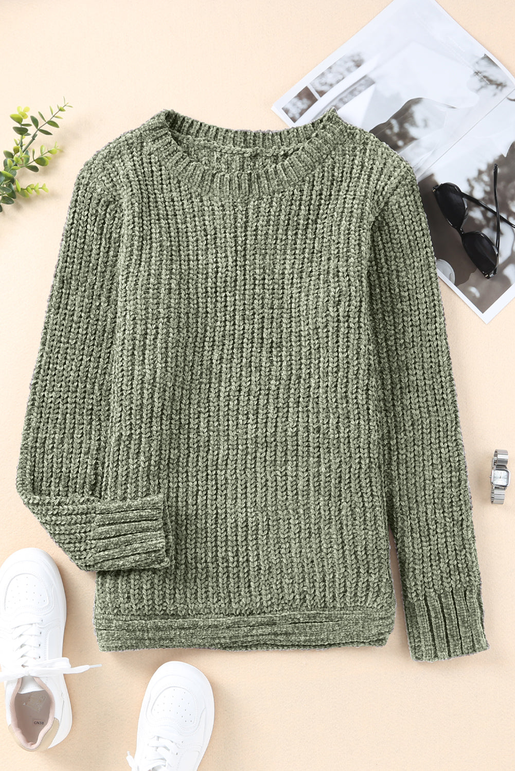 Long Sleeve Round Hem Cable Knit Sweater