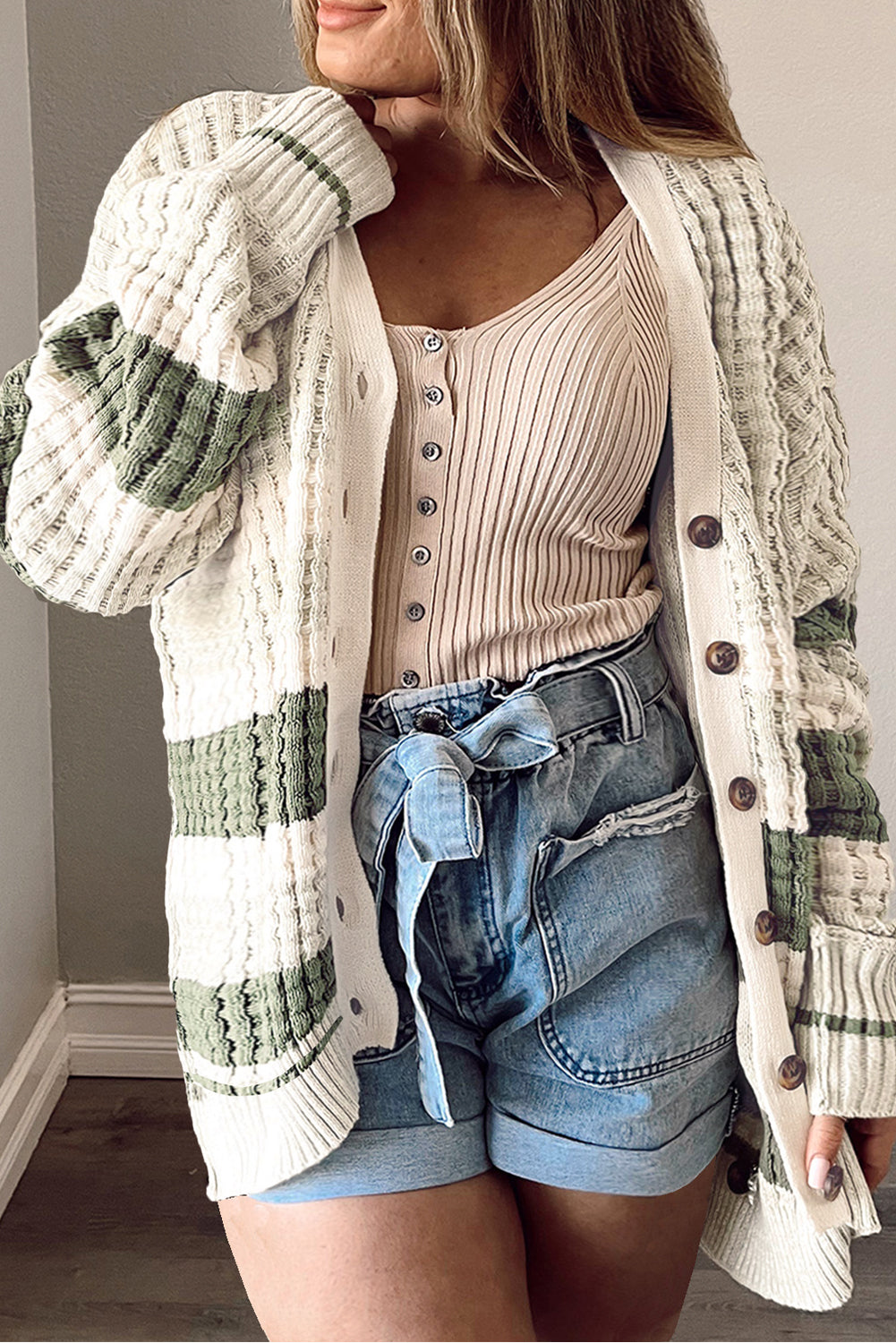 Green Colorblock Textured Knit Buttoned Cardigan