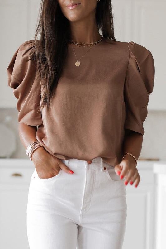 Keyhole Back Puff Sleeve Crew Neck Top