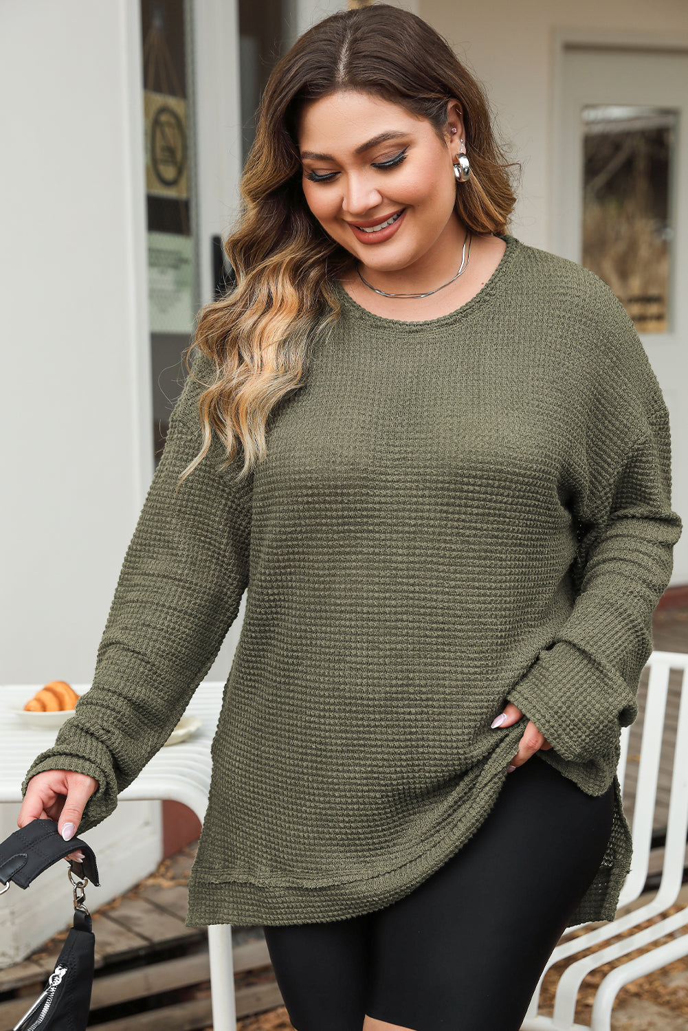 Green Waffle Knit High Slits Oversized Top