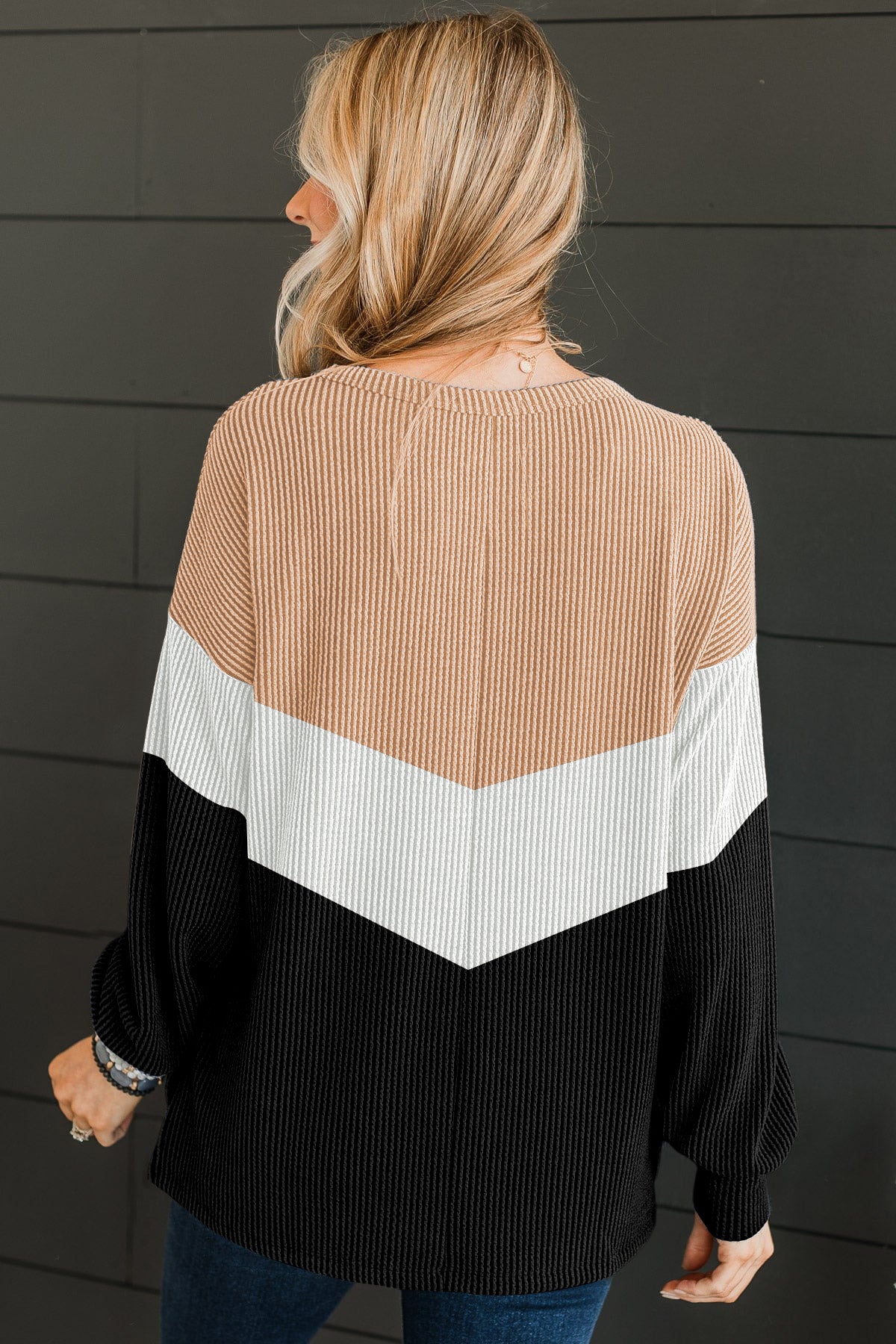 Black Color Block Long Sleeve Ribbed Loose Top