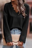 Ribbed Texture Lace Trim V Neck Long Sleeve Top