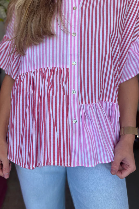 Pink Stripe Striped Patchwork Ruffled Hem Button up Shirt