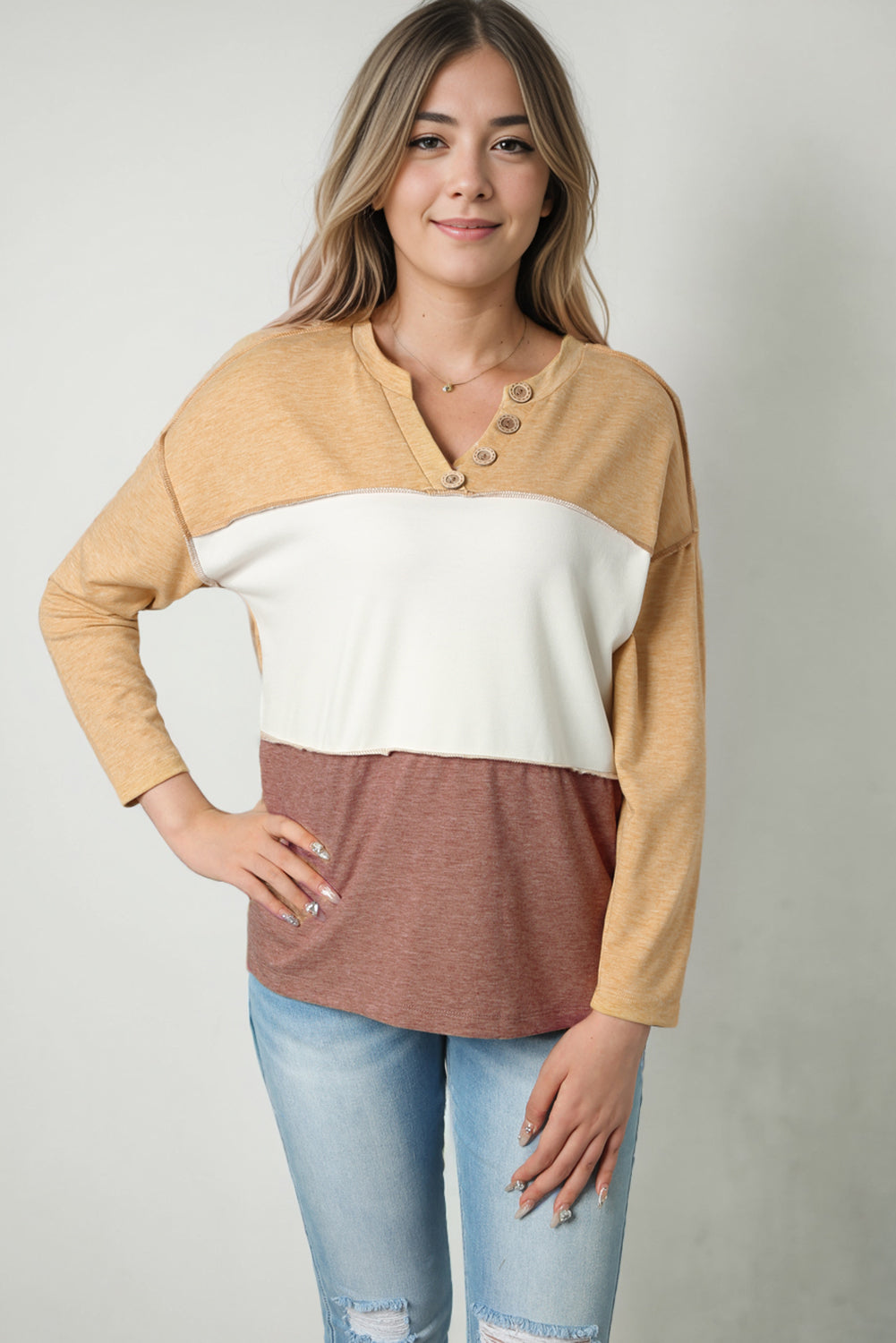 Split V Neck Color Block Henley Top