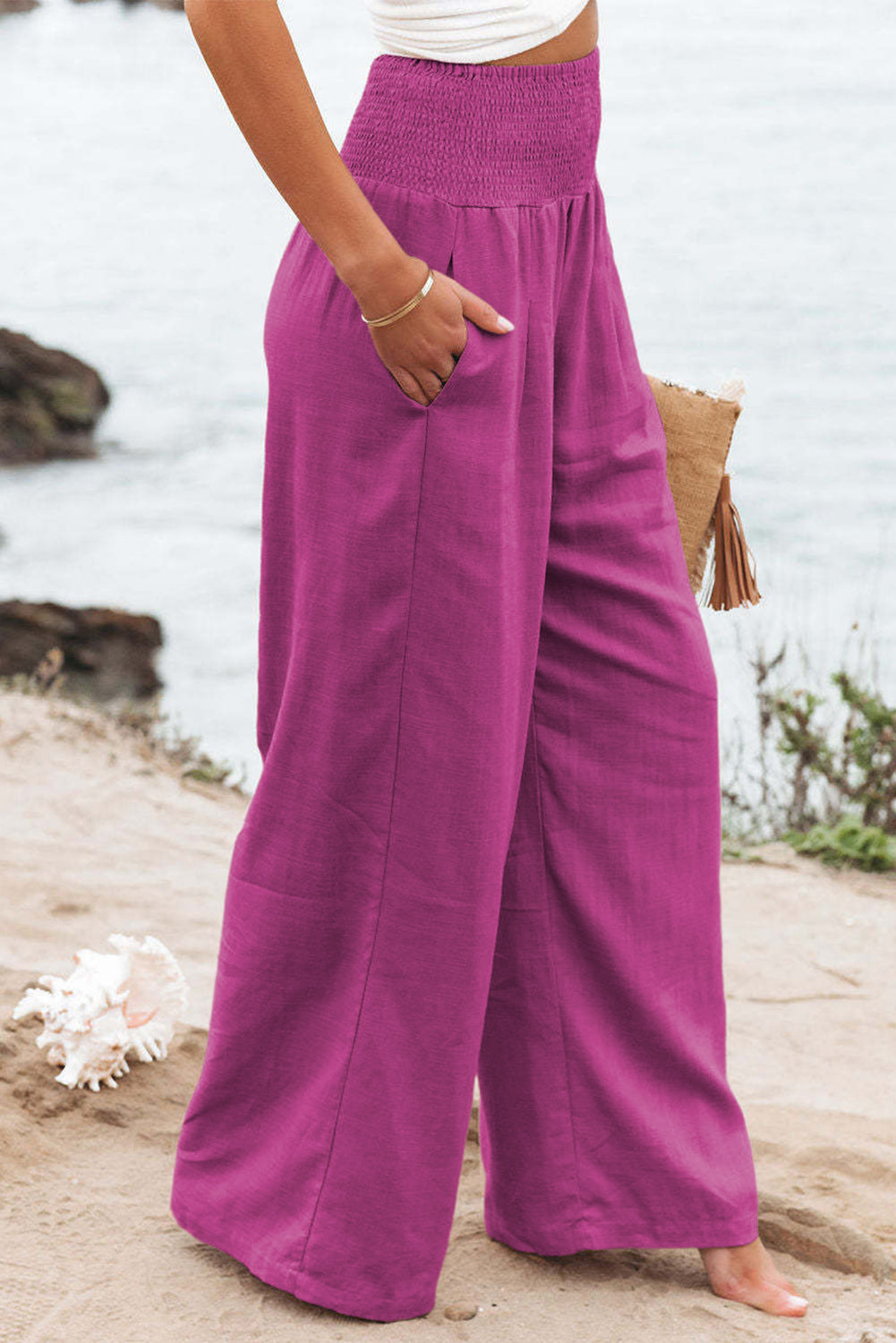 Pink Textured High Waist Wide Leg Plus Size Pants