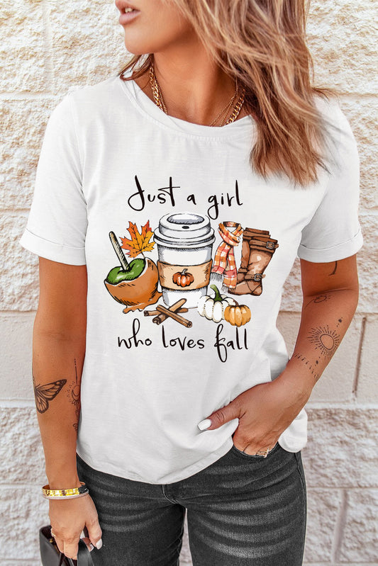 T-shirt blanc avec image Just A Girl Who Loves Fall 