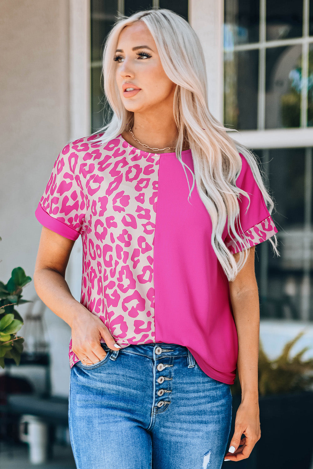 Half Leopard Patchwork Short Sleeves Top