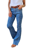 Sky Blue Leopard Print Raw Hem High Waist Flare Jeans