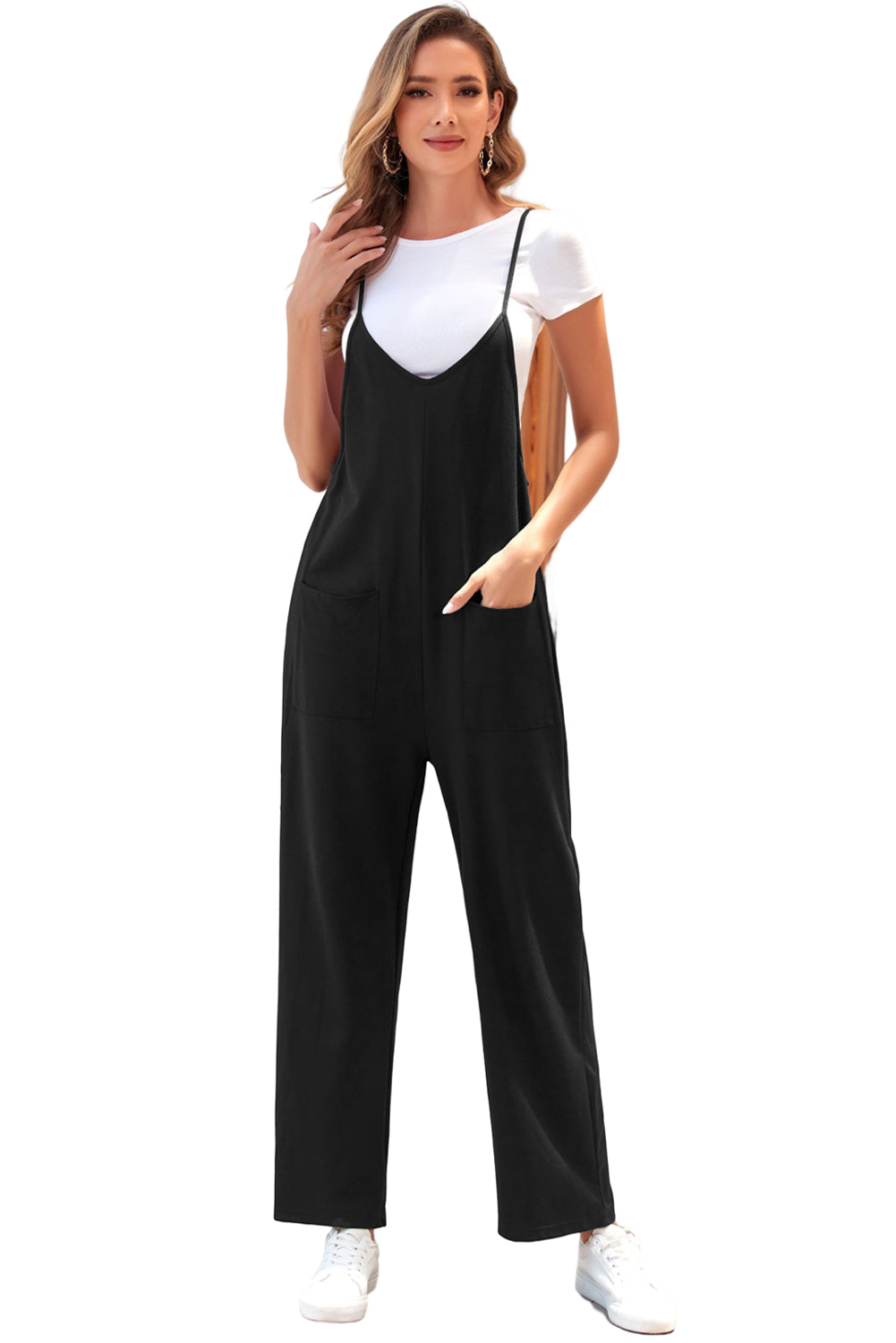 Pocketed Adjustable Spaghetti Strap Straight Leg Jumpsuit