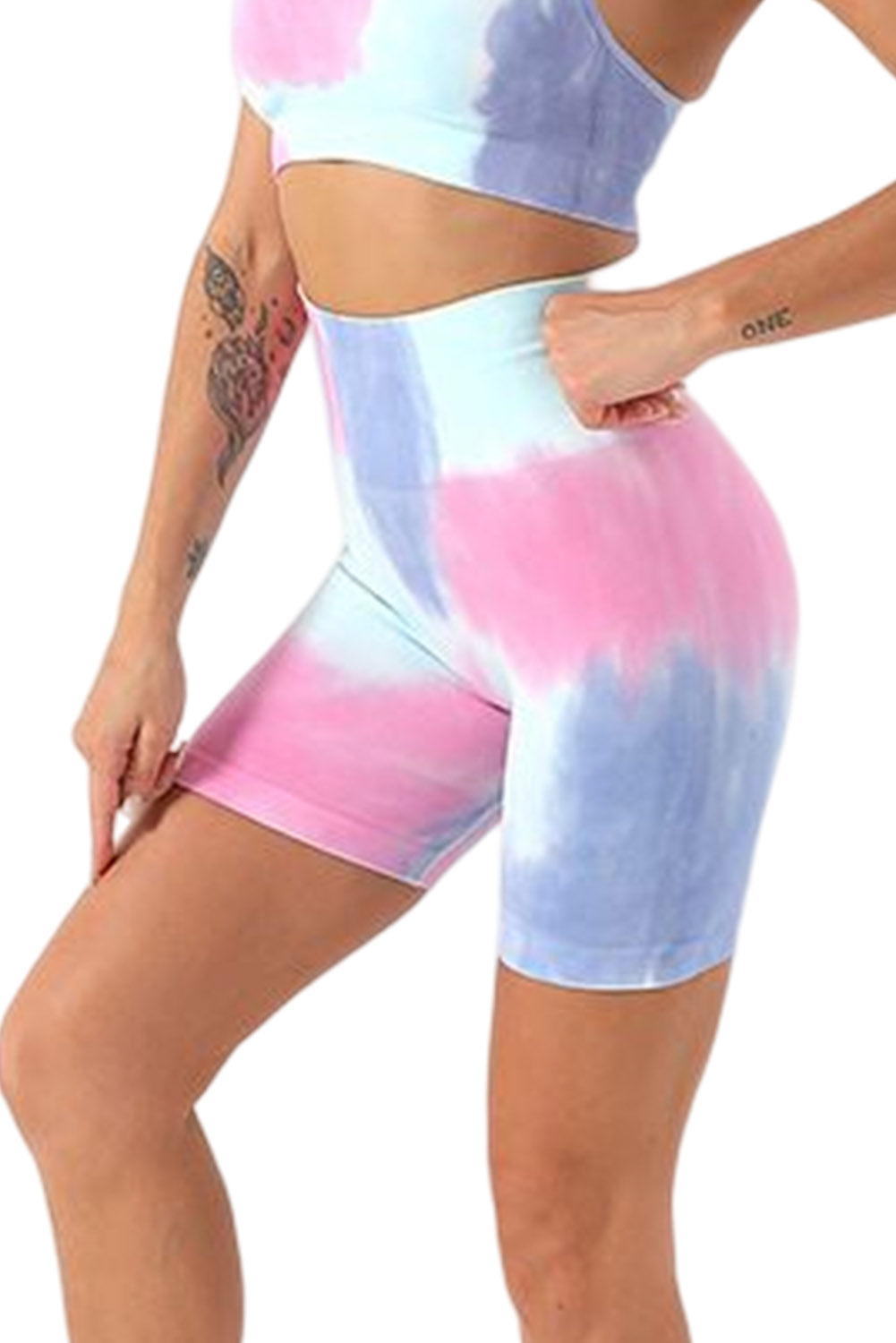 Short de yoga skinny taille haute bleu ciel tie-dye contrôle du ventre