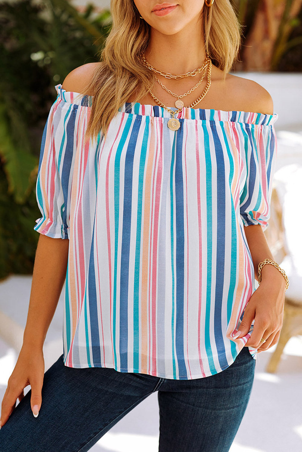 Off The Shoulder Rainbow Striped Top