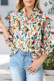 Multicolor Abstract Print 3/4 Puff Sleeve Ruffle Blouse