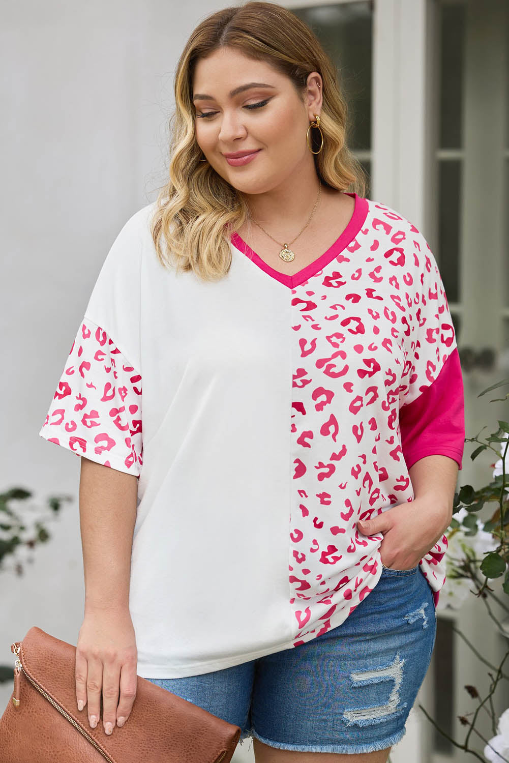 Plus Size Leopard Patchwork Short Sleeve Top