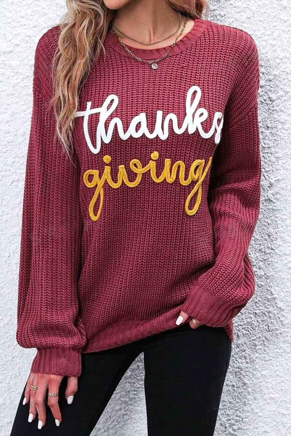 Gold Flame Thanks Giving Letter Graphic Crew Neck Sweater