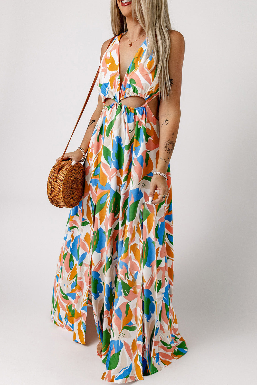 Leaf Print Cut-out High Slit Maxi Dress