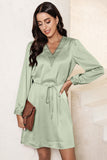 Lace Trim V Neck Tie Waist Long Sleeve Dress