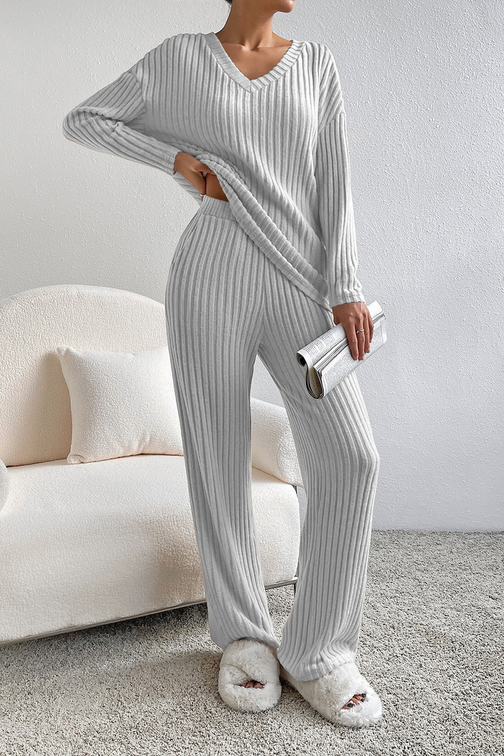 Black Plain Ribbed Loose Fit Two Piece Lounge Set