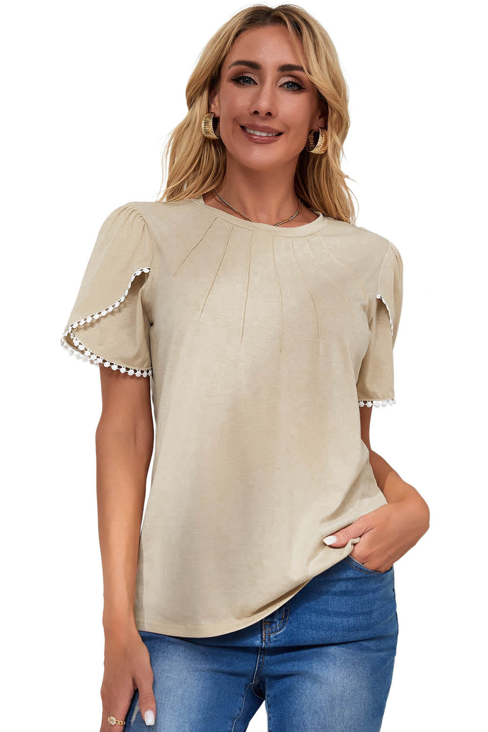 Lace Trim Pleated Short Sleeve Top