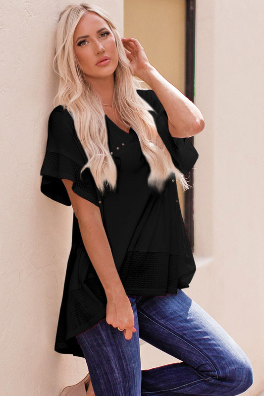 Contrast Knit Splicing V Neck Studded Blouse