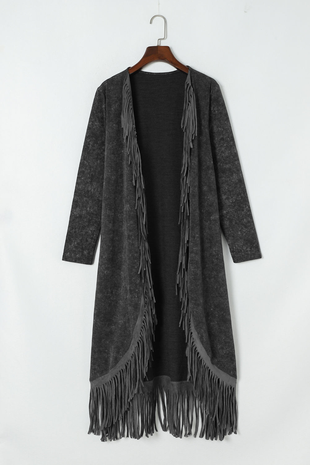 Black Fringed Hem Pocketed Open Cardigan