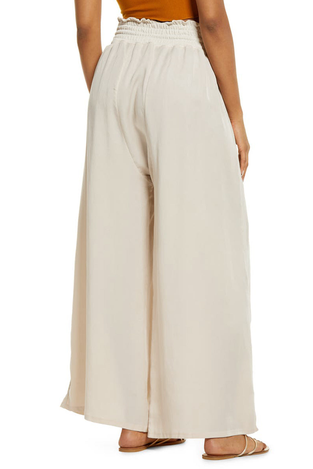 Pantalon large smocké beige taille haute 