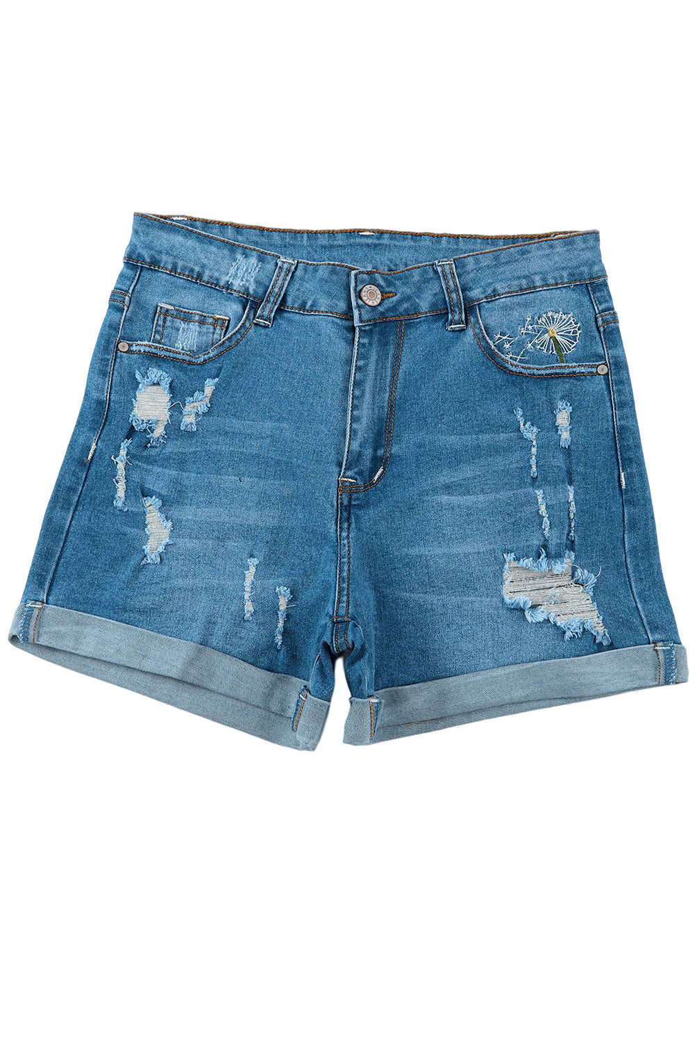 Short en denim déchiré brodé de pissenlit bleu ciel