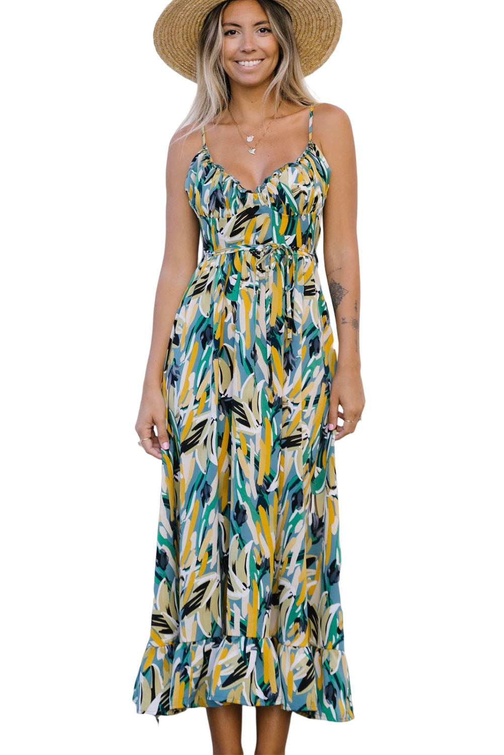 Abstract Printed Spaghetti Straps Ruffle Maxi Dress