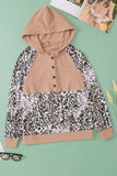 Leopard Print Buttoned Neckline Raglan Sleeve Hoodie