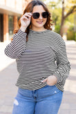 Black Stripe Drop Shoulder Puff Long Sleeve O Neck Plus Size T Shirt