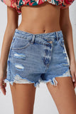 High Rise Crossover Waist Denim Shorts