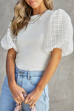 Checkered Puff Sleeve Ribbed Knit Top