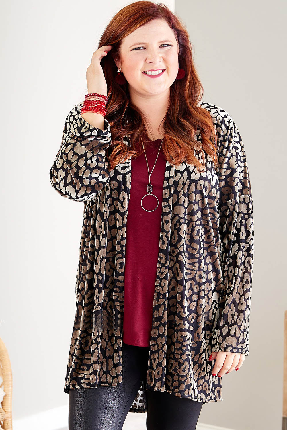 Print Open Front Plus Size Cardigan