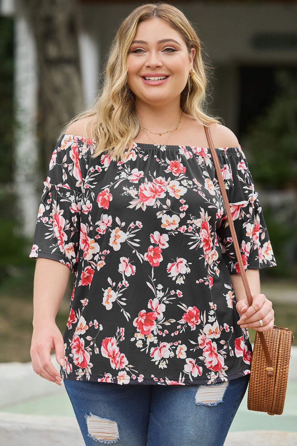 Floral Print Off Shoulder Plus Size Blouse