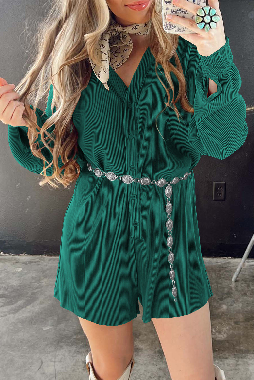 Ribbed Long Sleeve Button Front Romper