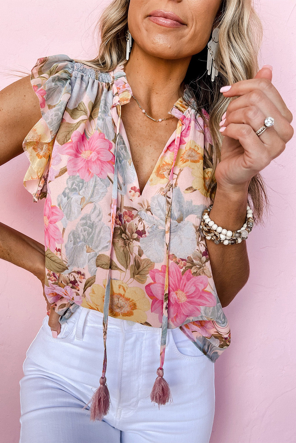 Pink Floral Print Tiered Ruffled Long Sleeve Blouse