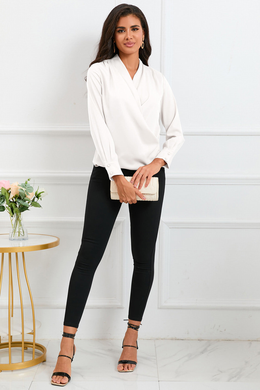 Solid Wrap V Neck Long Sleeve Top