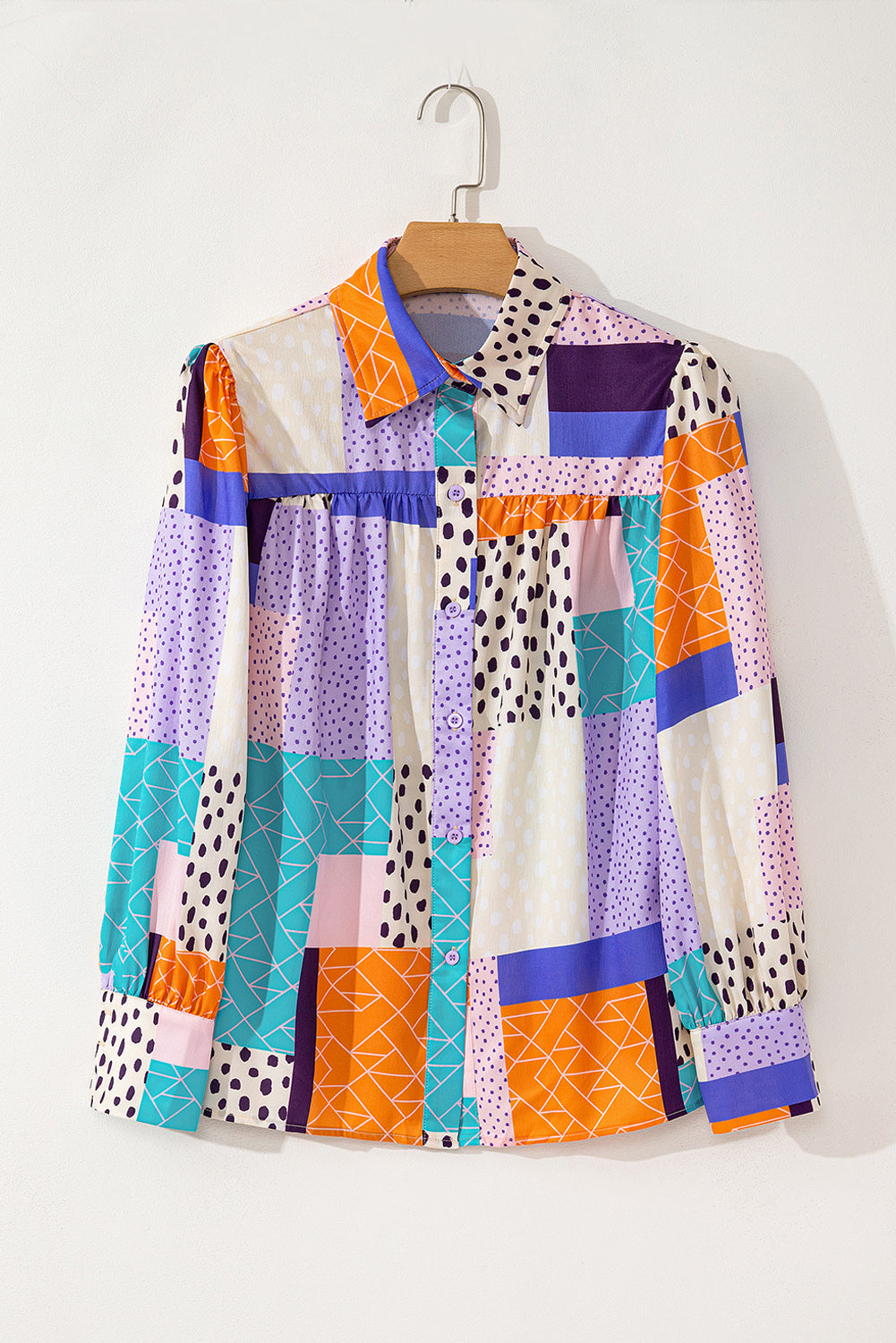 Mixed Print Button Front Cuffed Sleeve Shirt